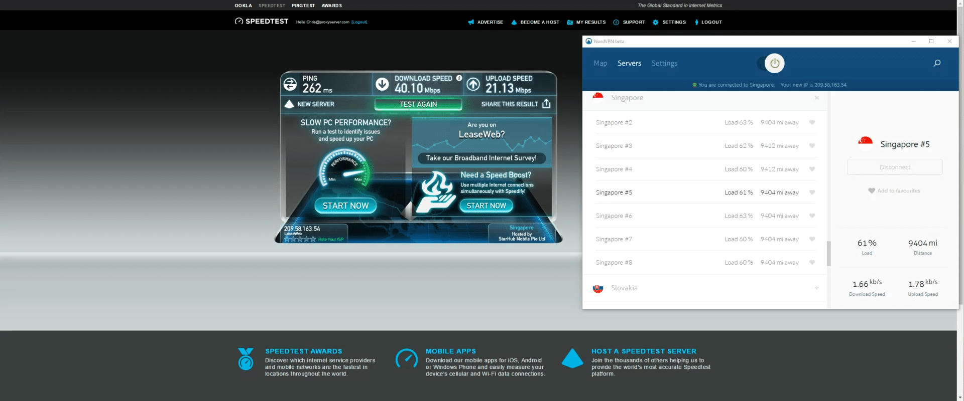 Teste de velocidade NordVPN Singapura com velocidade de download de 40 Mbps