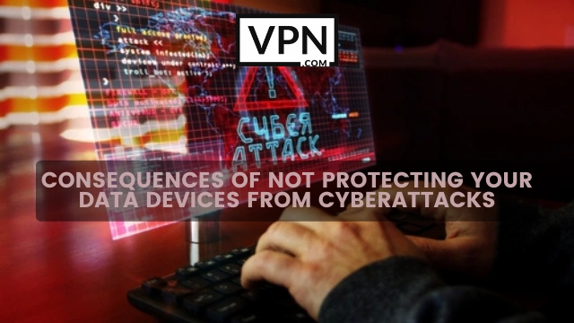 Teksten på billedet siger: "Consequences of not protecting your data devices from cyberattacks" (Konsekvenser af ikke at beskytte dine dataenheder mod cyberangreb), og baggrunden viser et advarselstegn for cyberangreb på skærmen