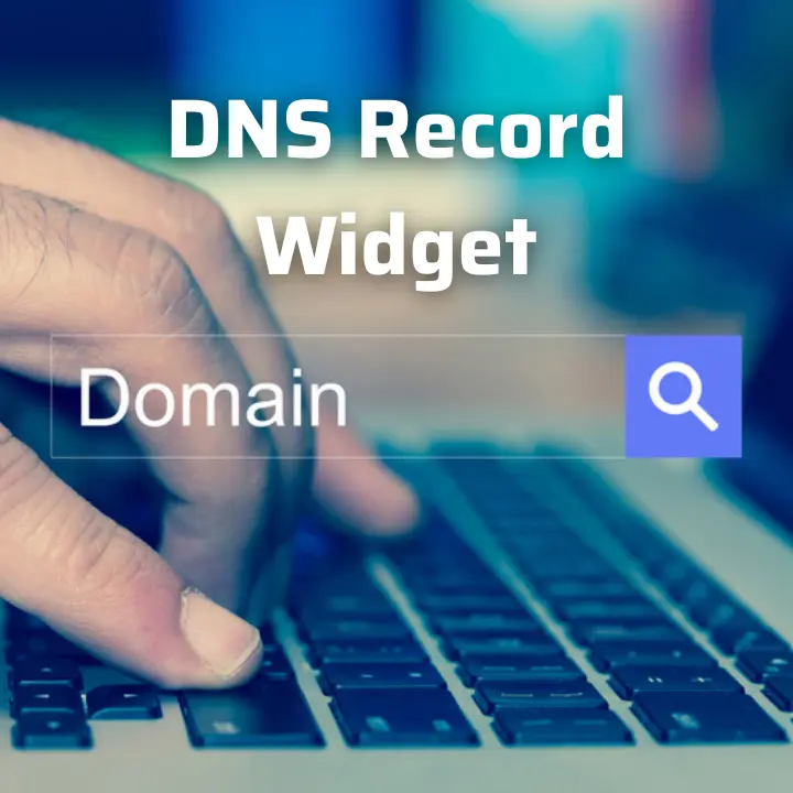 Free DNS Record Widget and the background of the image shows Domain search on laptop