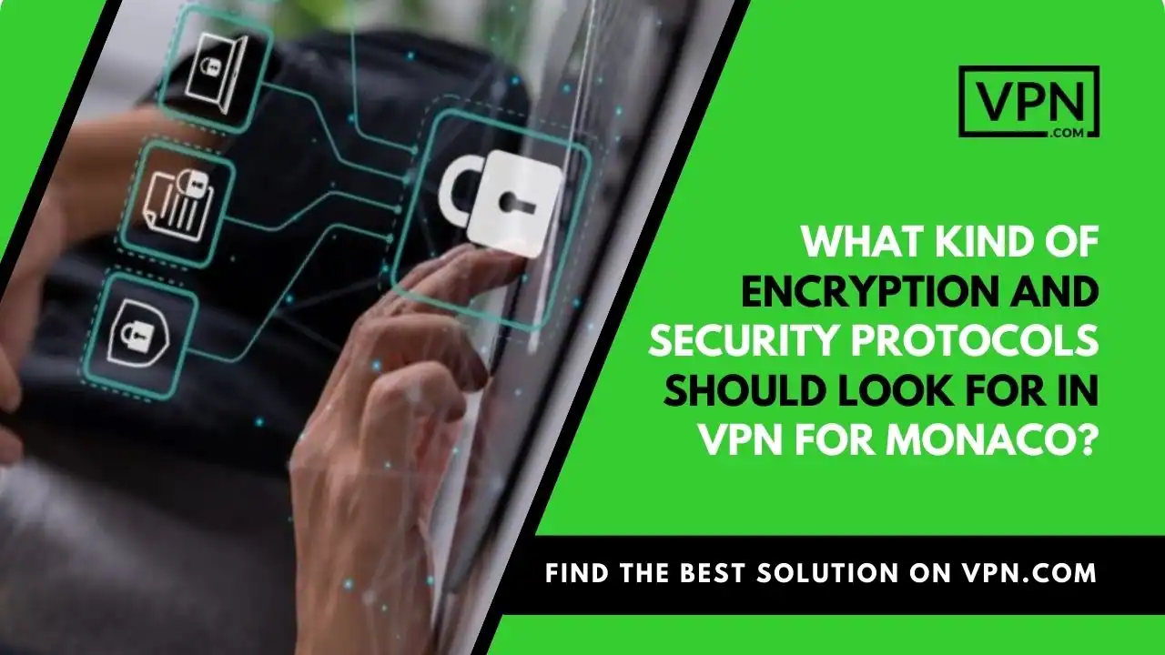 the text in the image shows What Kind Of Encryption And Security Protocols Should Look For In VPN For Monaco