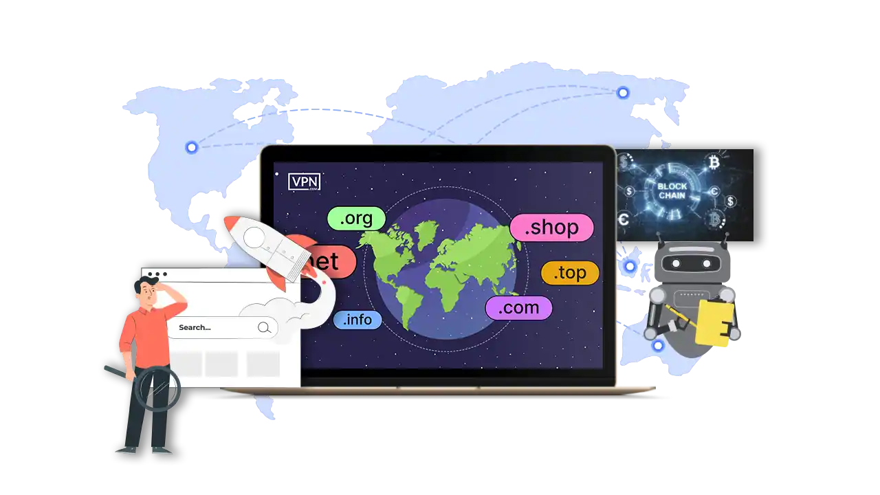 a laptop with a world map and a robot showing Future Trends in Expired Domain MarketsFuture Trends in Expired Domain Markets