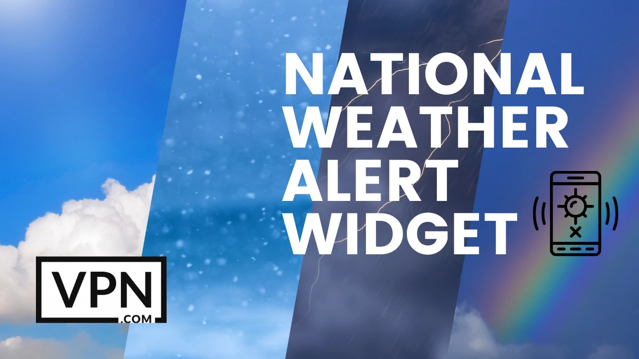 Teksten i billedet siger, National Weather Alert Widget og har en baggrund med forskellige typer vejrudsigter