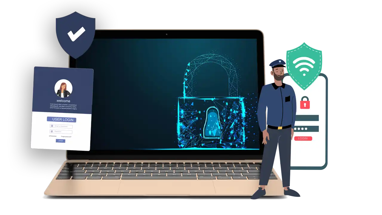 Illustration with a laptop and a security lock representing data security