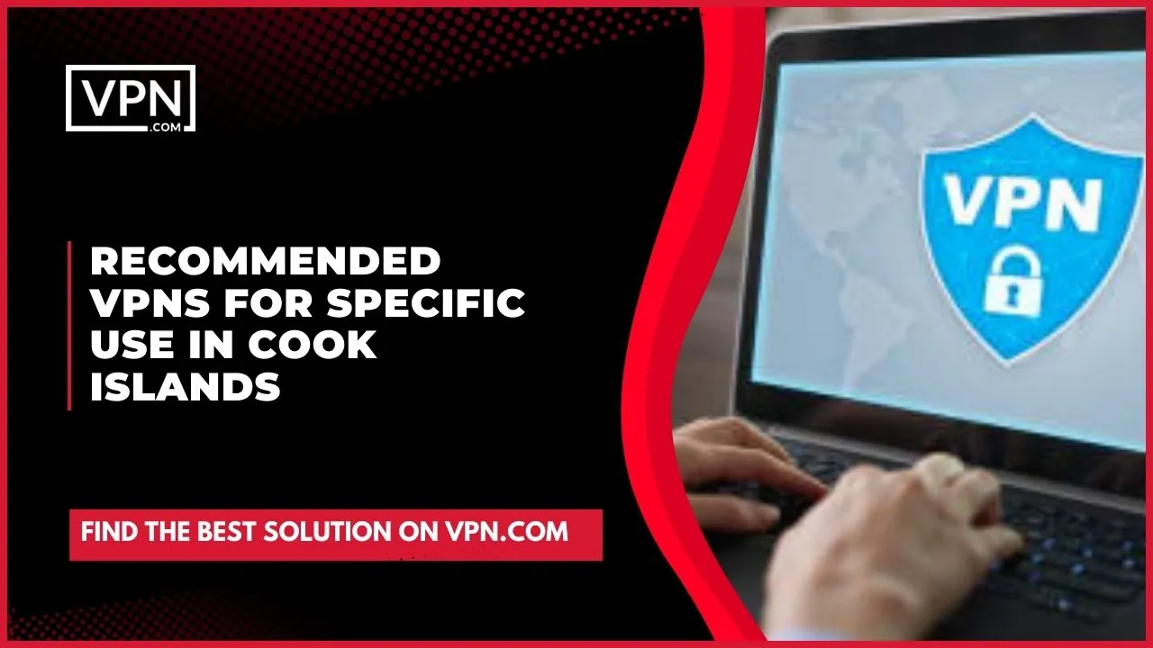 The image shows the VPN logo displayed on a laptop and the text option says "Recommended Cook Islands VPN"