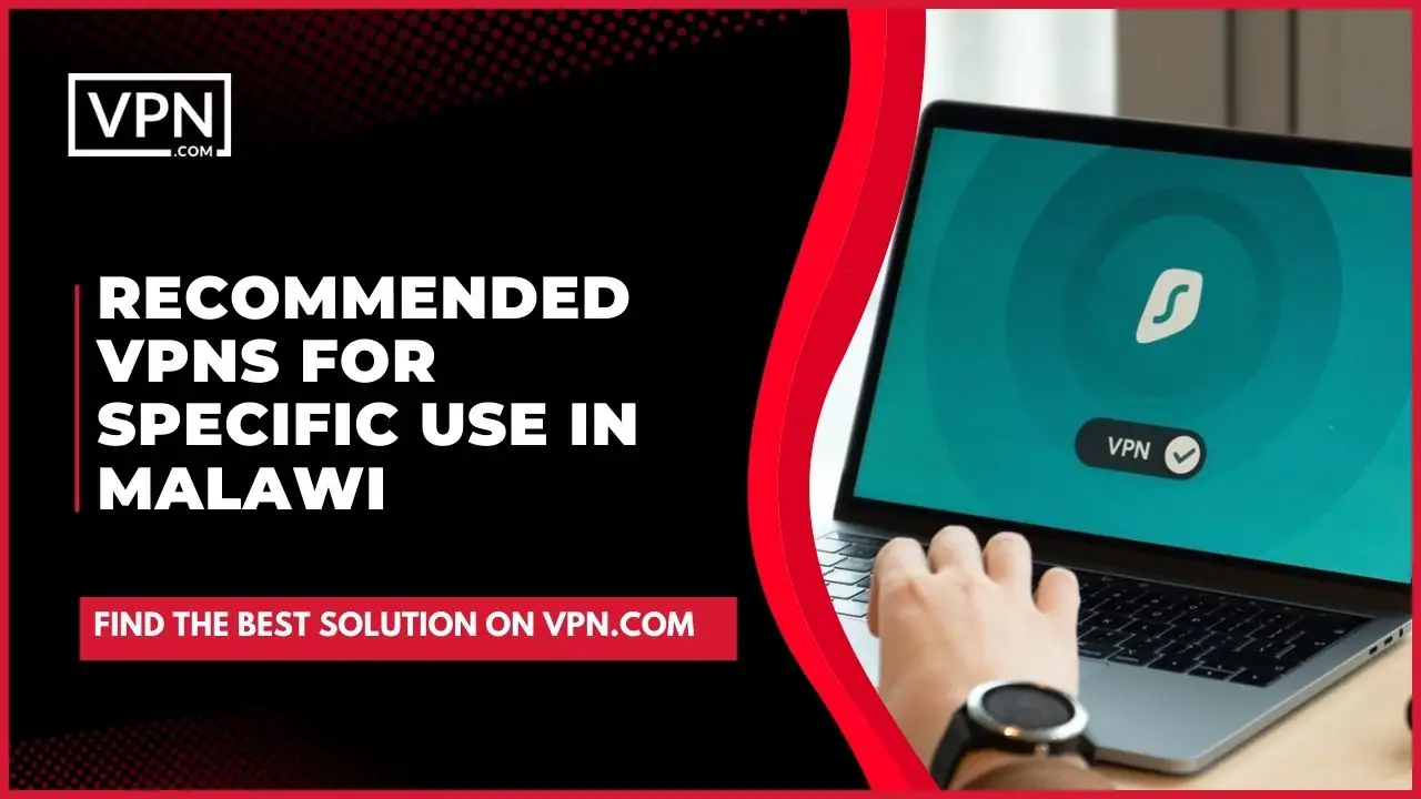 Empfohlene VPNs für bestimmte Anwendungen in Malawi und das seitliche Symbol zeigt eine VPN-Animation