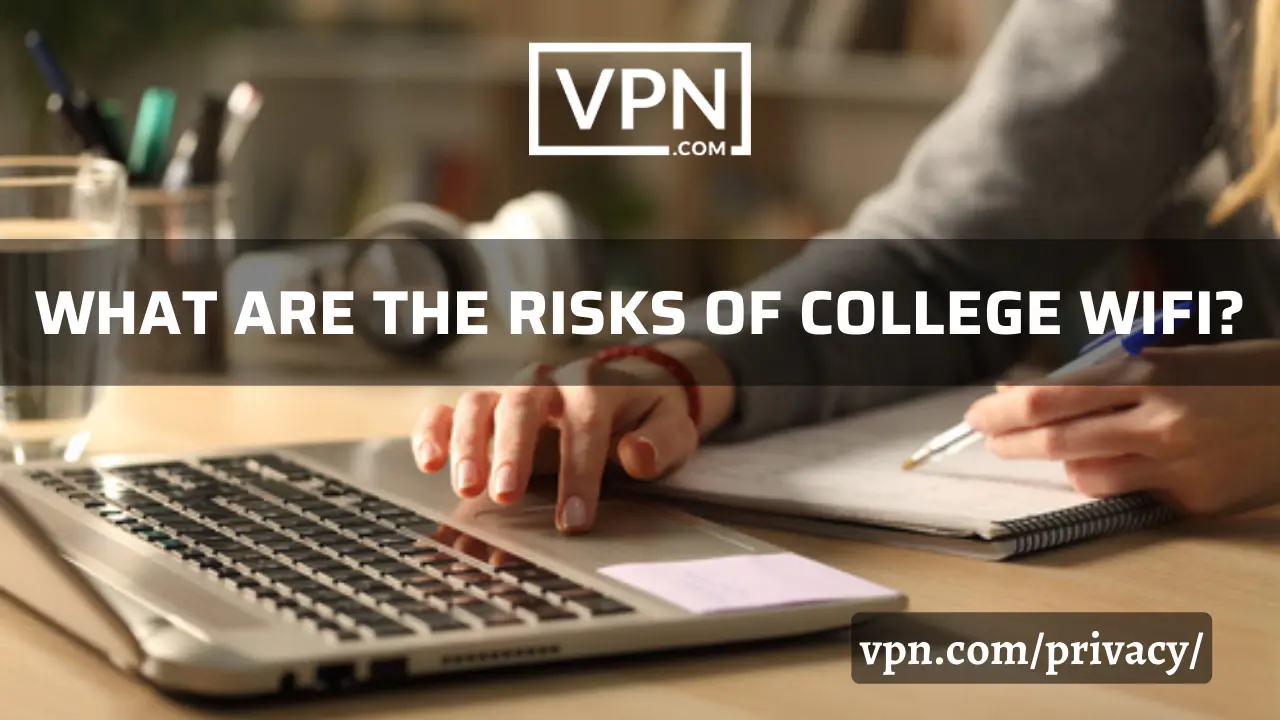 The text in the image says, what are the risks of College WiFi and the background of the image shows a student working on laptop in college library