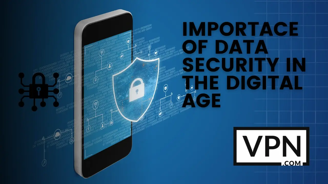 El texto de la imagen dice, Importancia de la seguridad de los datos en la era digital con un fondo de un dispositivo móvil con encriptación en él