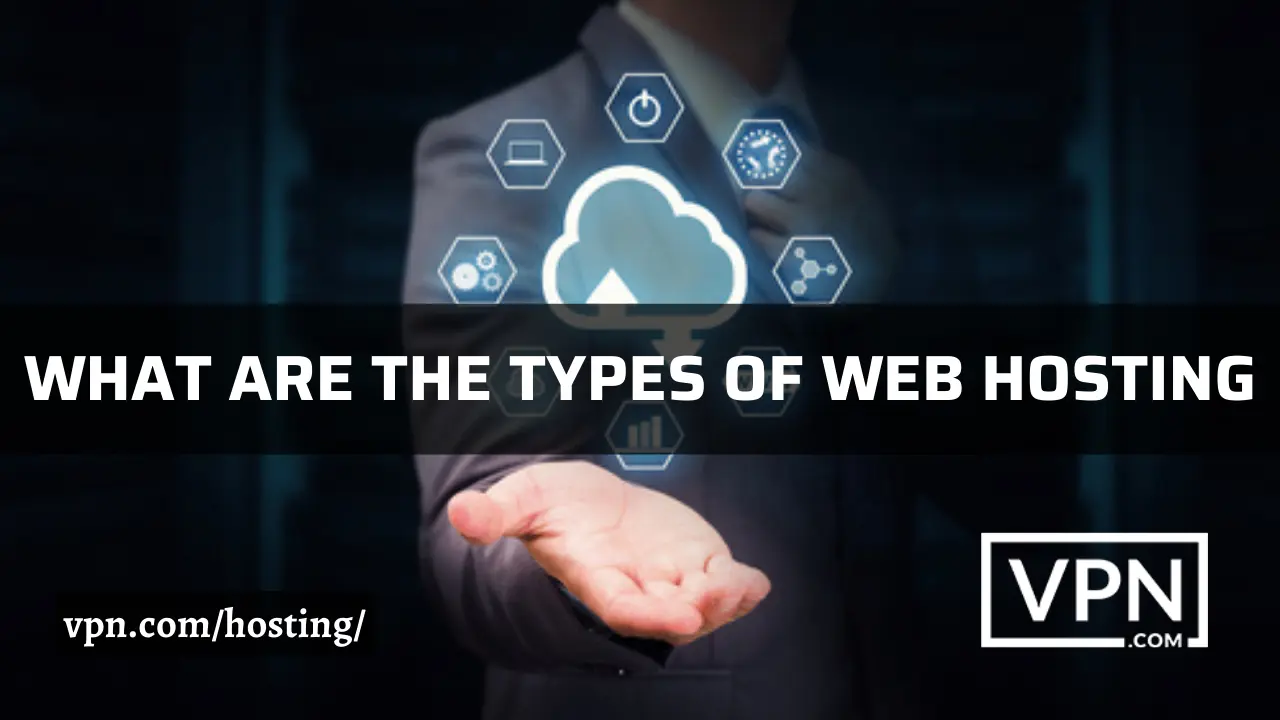 The text in the image says, what are the types of web hosting service and the background of the image shows hosting cloud