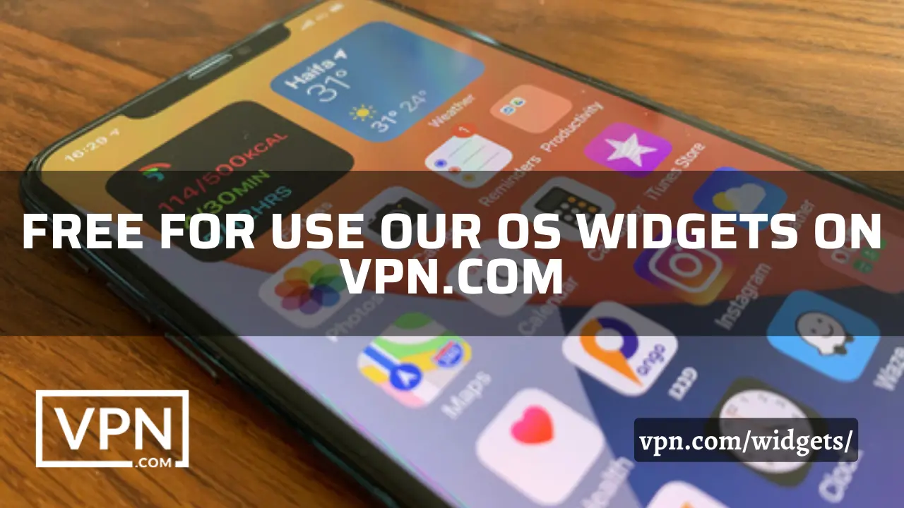 O texto na imagem diz, grátis para usar os nossos OS Widgets no VPN.com
