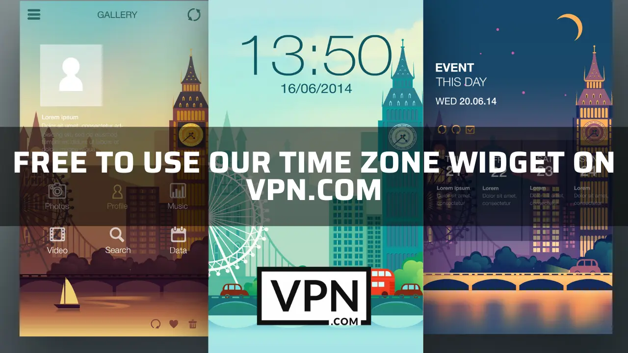 The text in the image says, free to use our time zone widget on VPN.com