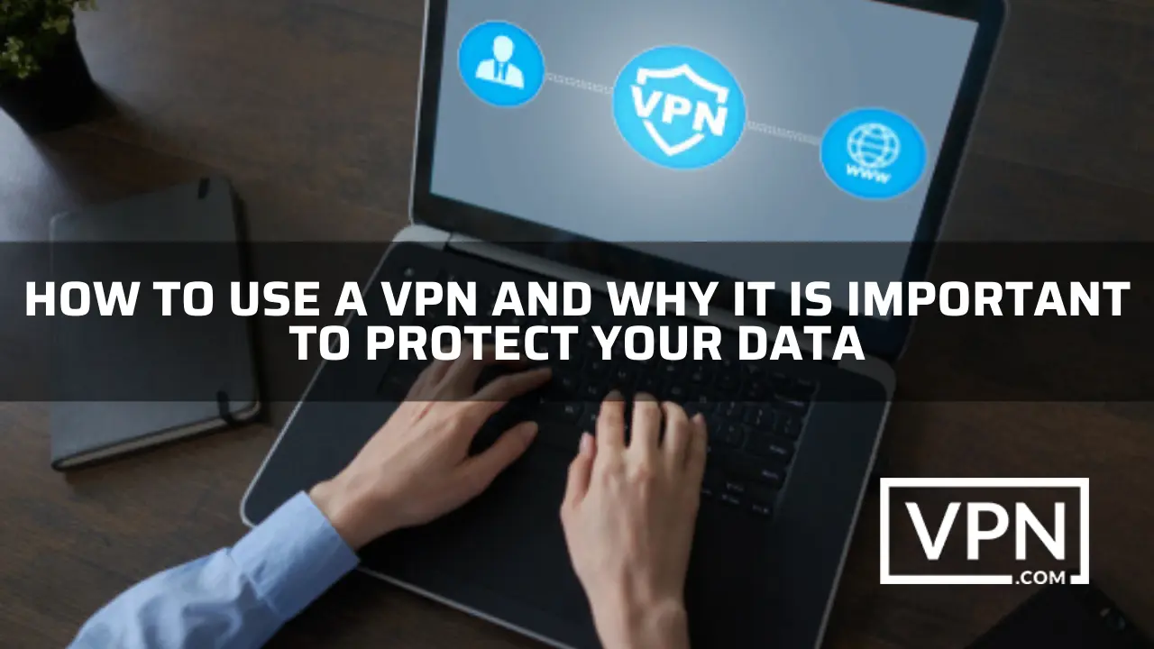 Texten i bilden säger hur man använder en VPN och bakgrunden i bilden visar att någon använder VPN på en bärbar dator.