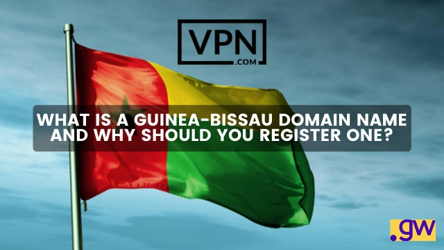 El texto de la imagen dice qué es un dominio .gw y por qué debería registrar uno, y el fondo de la imagen muestra la bandera de Guinea-Bissau.