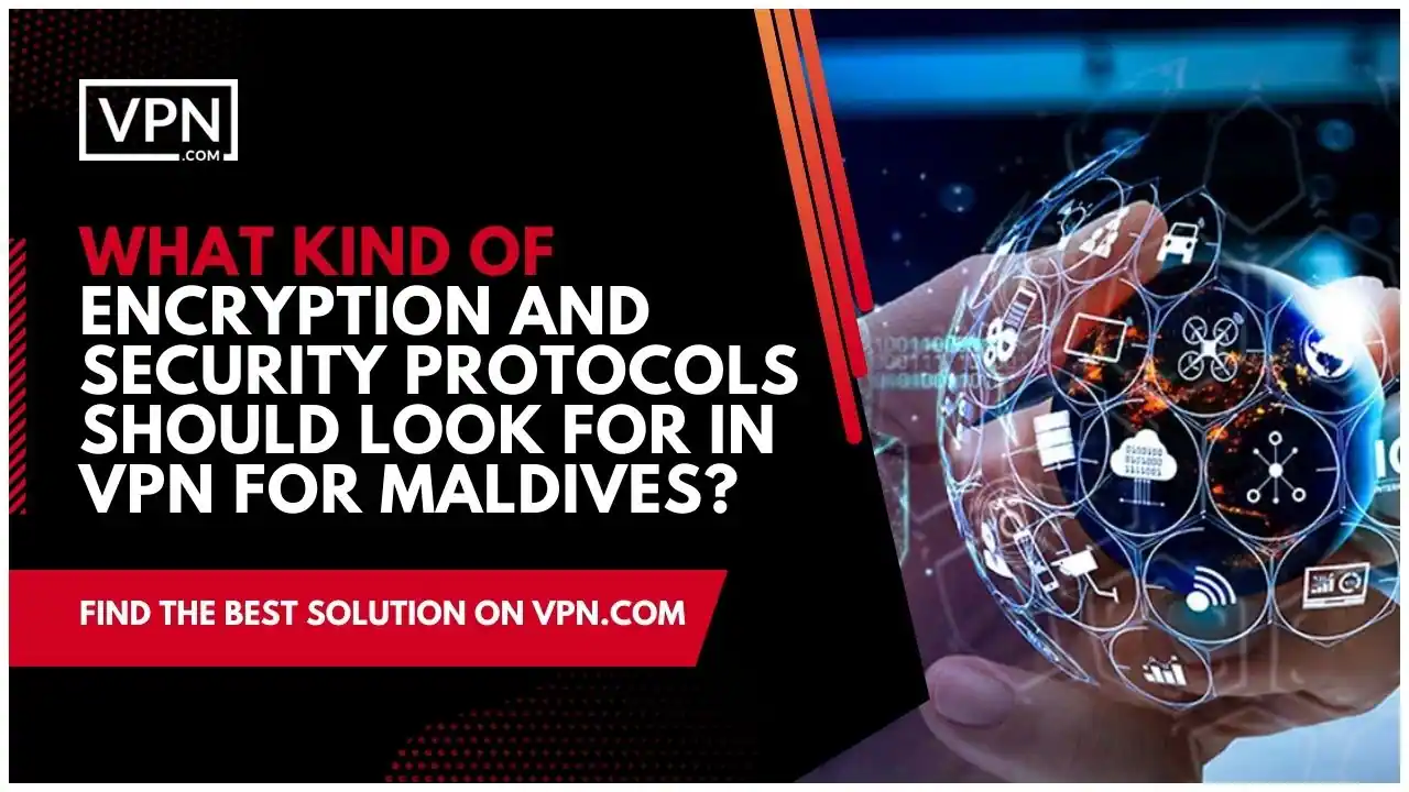 the text in the image shows What Kind Of Encryption And Security Protocols Should Look For In VPN For Maldives