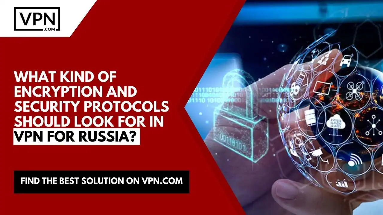 the text in the image shows What Kind Of Encryption And Security Protocols Should Look For In VPN For Russia