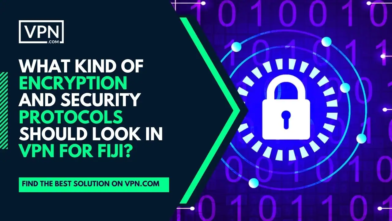 el texto de la imagen muestra Qué tipo de cifrado y protocolos de seguridad debe buscar en VPN para Fiji
