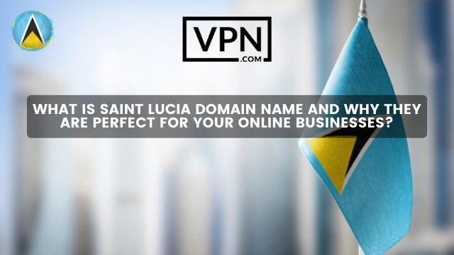 El texto de la imagen dice qué es un nombre de dominio .lc y por qué son perfectos para los negocios en línea, y el fondo muestra una bandera de Santa Lucía.