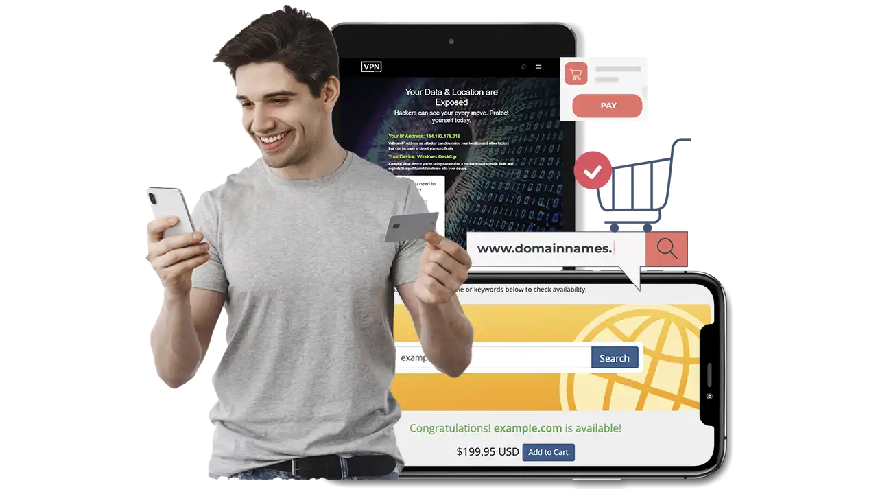 Man completing domain purchase online