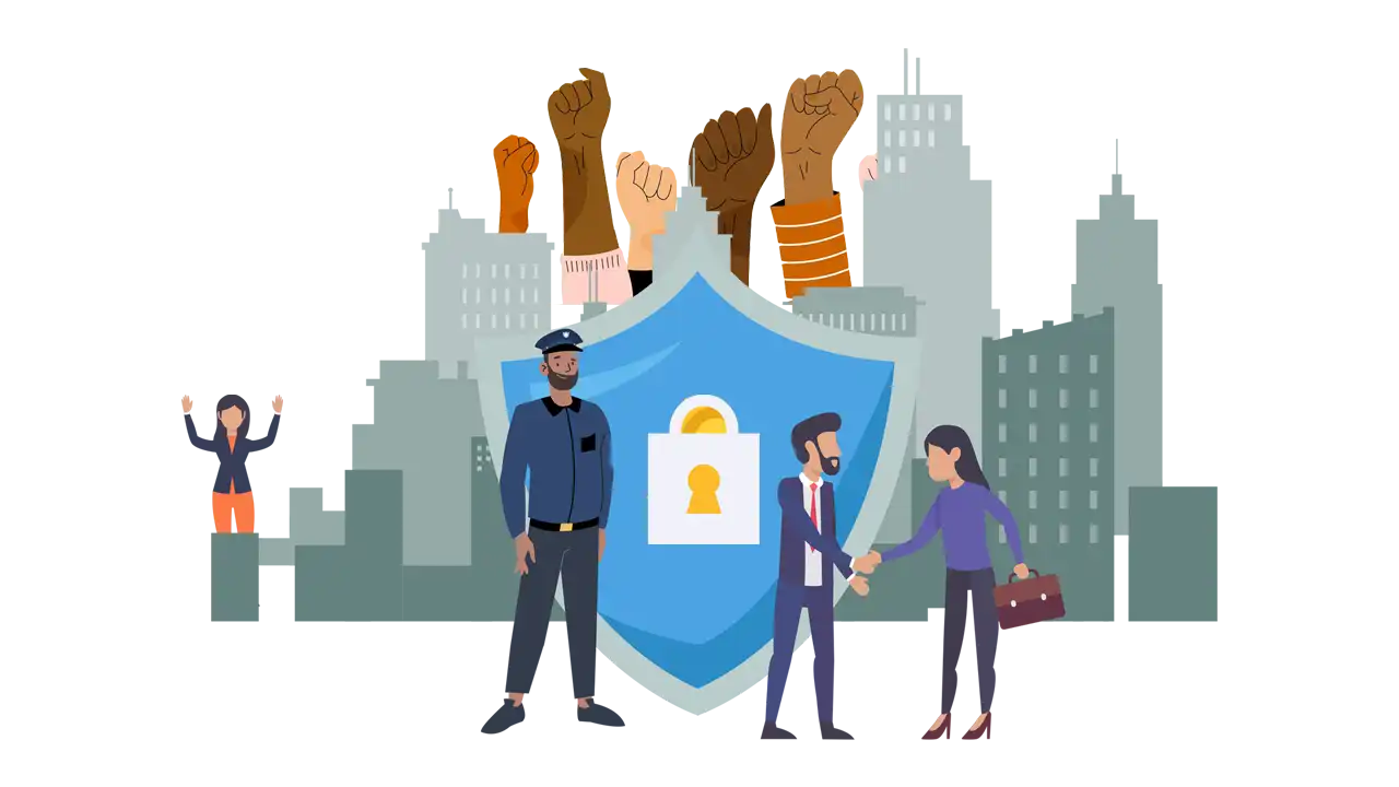 Illustration showing a shield with diverse hands, representing data security