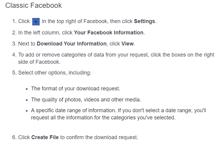 Cómo descargar el archivo de datos en Facebook clásico.