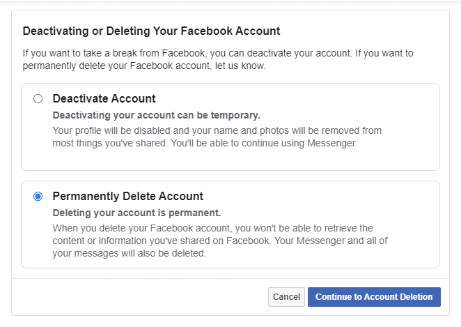 Segundo passo para desactivar a sua conta no Facebook.