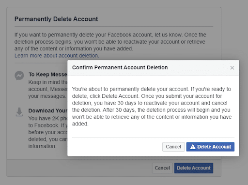 Terzo passo: disattivare l'account Facebook.