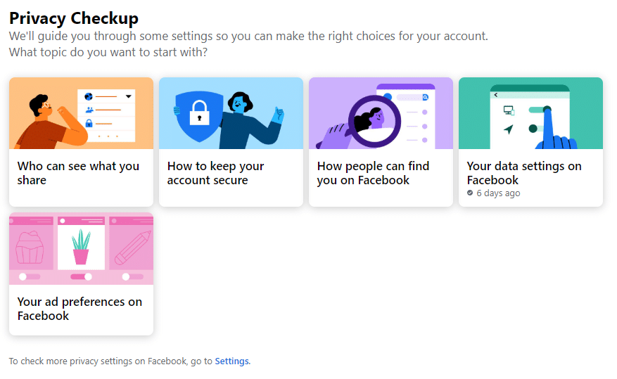 Facebooks side med indstillinger for privatlivsovervågning.