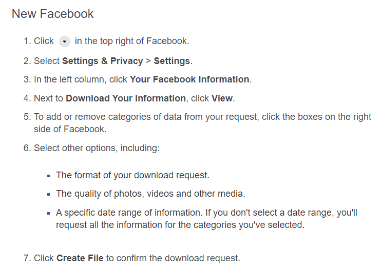 Hur man laddar ner dataarkiv på nya Facebook.